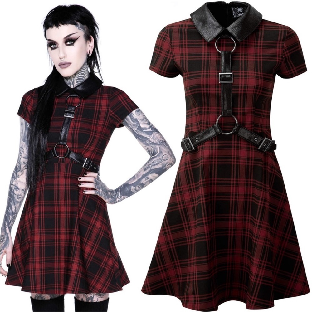 Killstar Disgrace Skater Dress S Red and Black Plaid Mini
